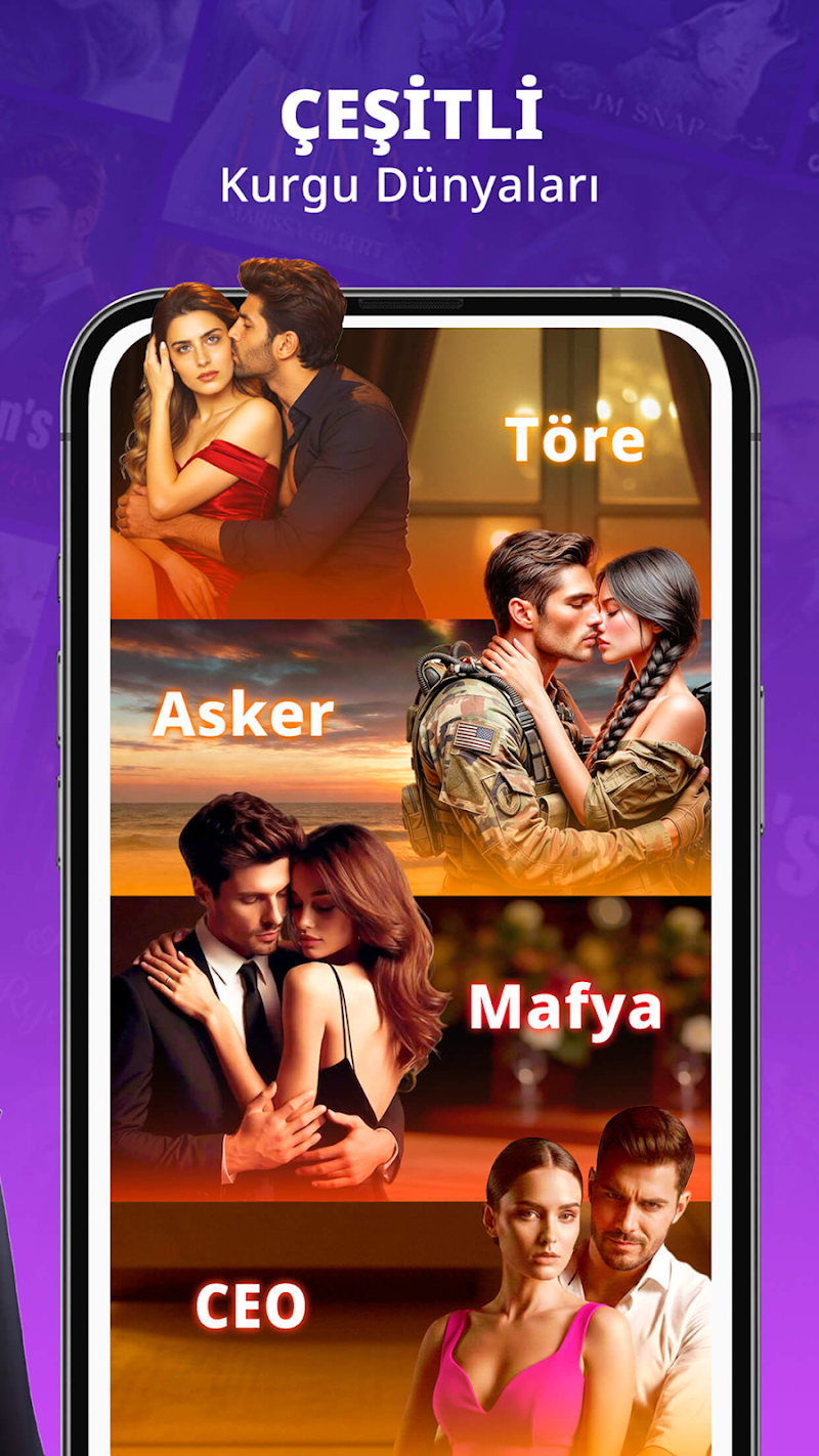 Dreame - Romantik Hikayeler APK kategori seçimi ekranı