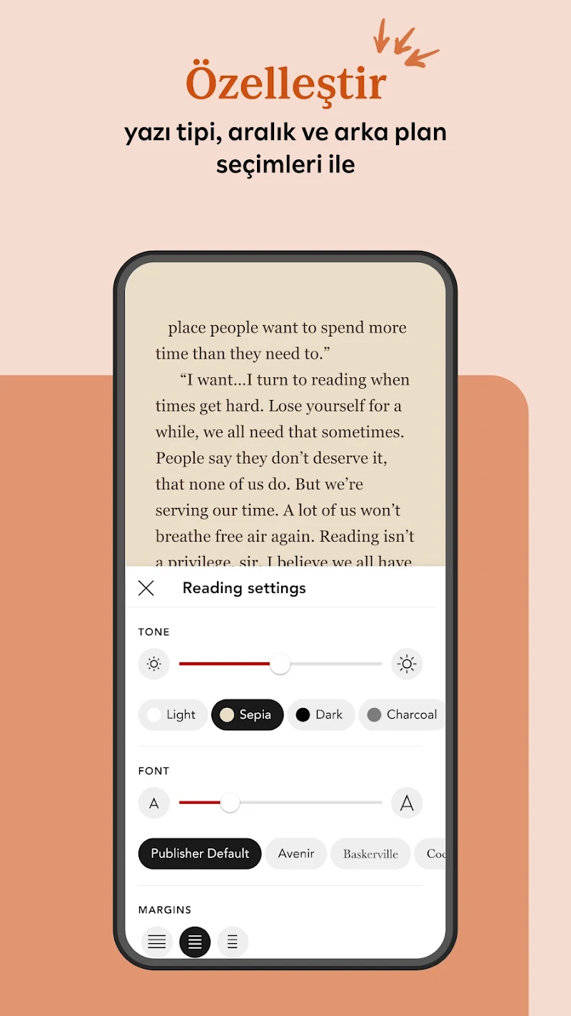 Kobo Books Okuma Uygulaması kitap okuma modu ekranı