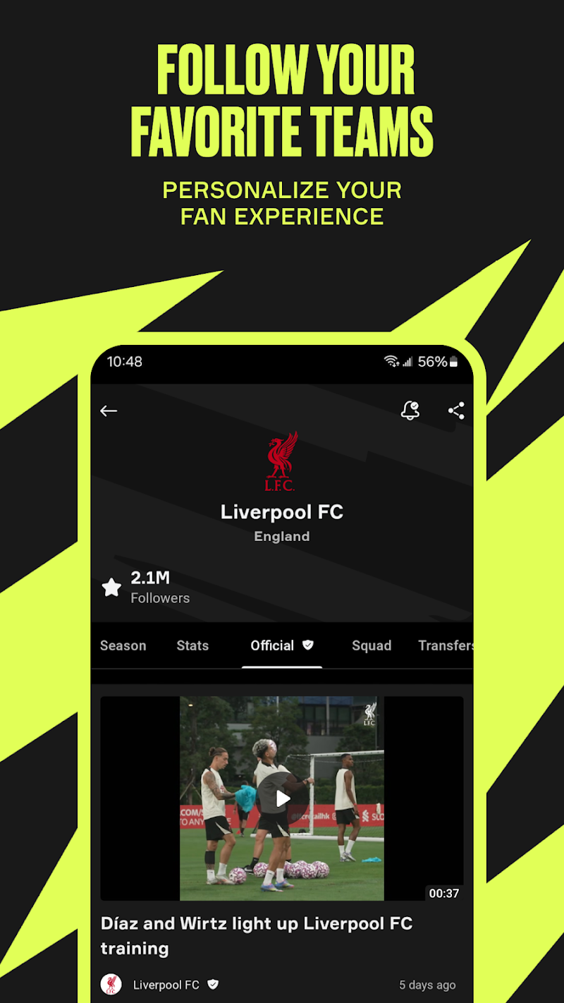 OneFootball: Football Scores kadro listesi ekranı